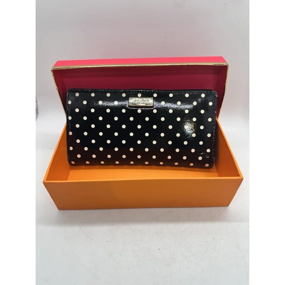 Kate Spade Carlisle Street Lacey Polka Dot Patent Leather Wallet Black White